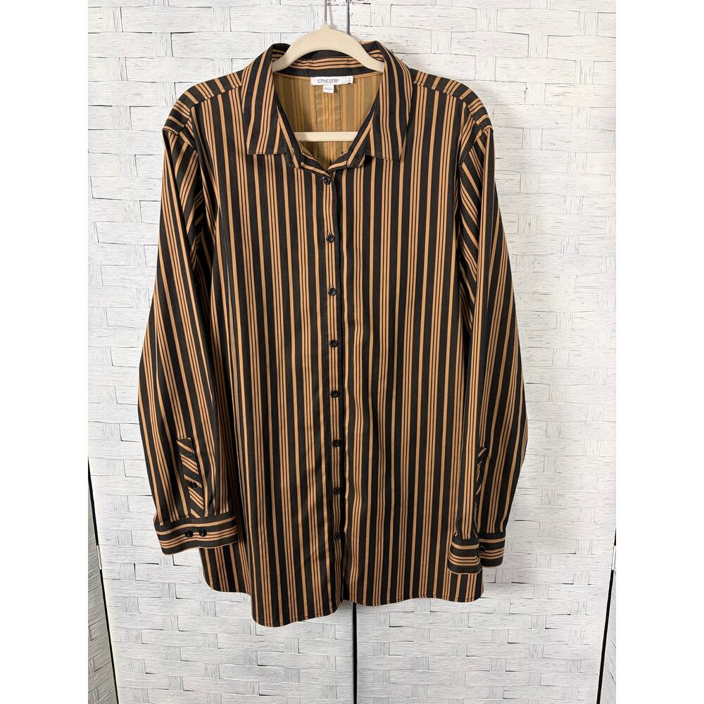 Chicos women's blouse button‎ up striped brown tan office career plus size